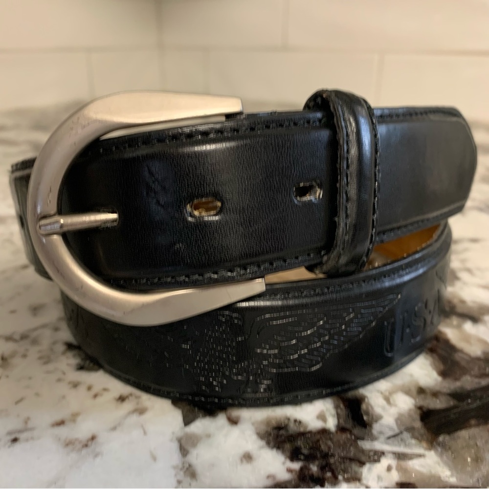 Mens Genuine Black Leather Embossed with Eagle & USA  - Silver-tone Buckle 34/36 - Picture 13 of 13